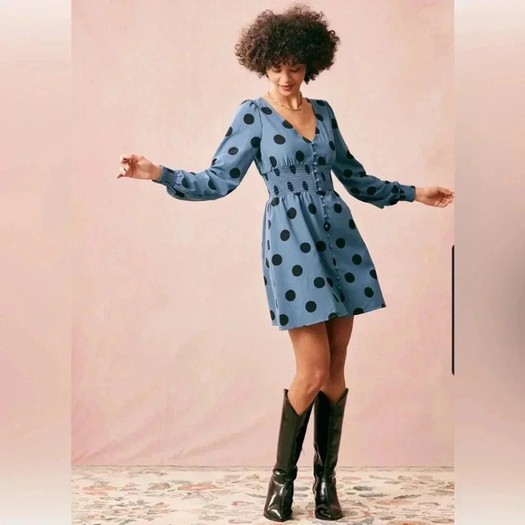 REFORMATION Womens 0 Alani Shirred Polka-Dot Georgette Mini Dress Blue - Picture 2 of 14